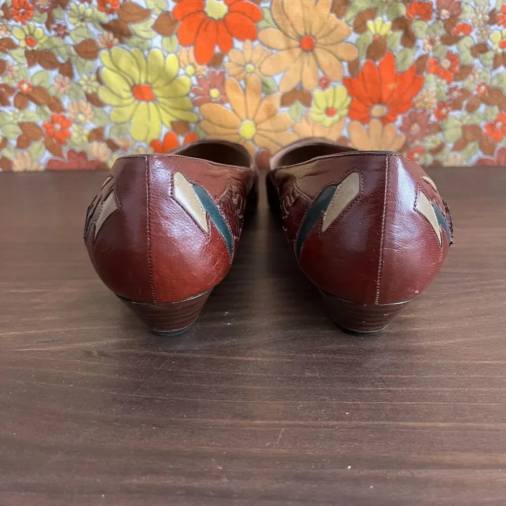 Vintage Ottorino Bossi Brown Leather Applique Kitten Heels